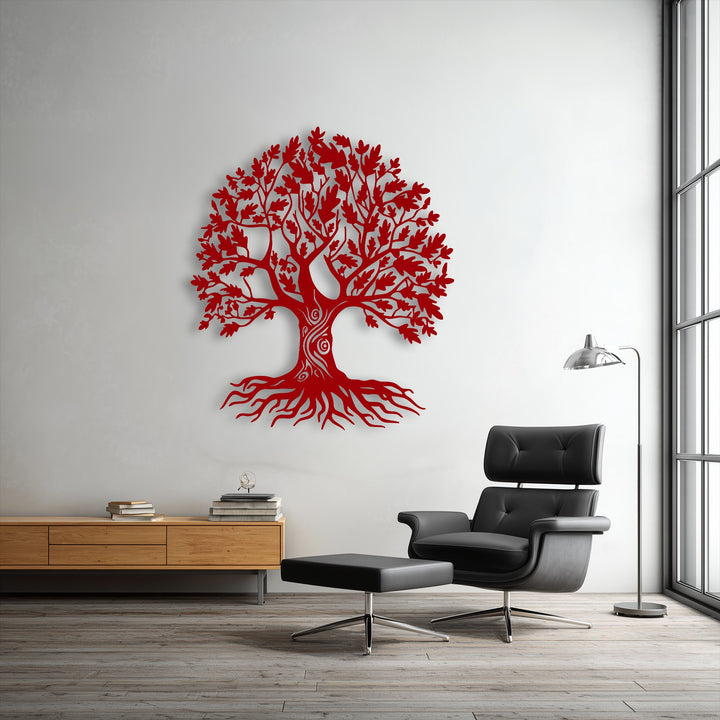 The minimalist light grey background wall sets a serene scene for the intricate red Tree of Life metal artwork, creating a striking focal point.