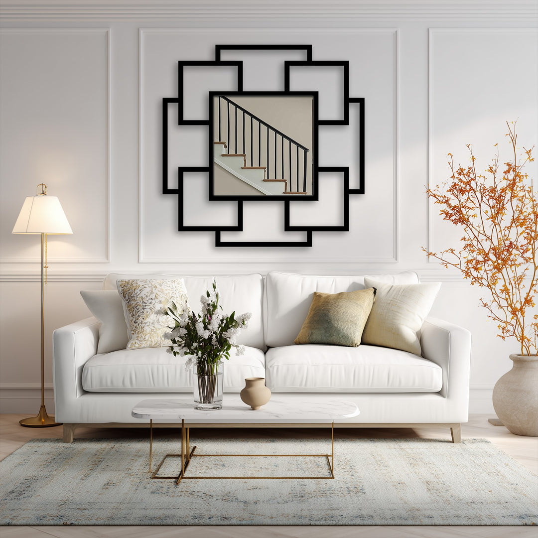 Negative space highlights the geometric arrangement of the Cascade Squares layered decoration wall art, a unique mirror for wall decor featuring square frames.