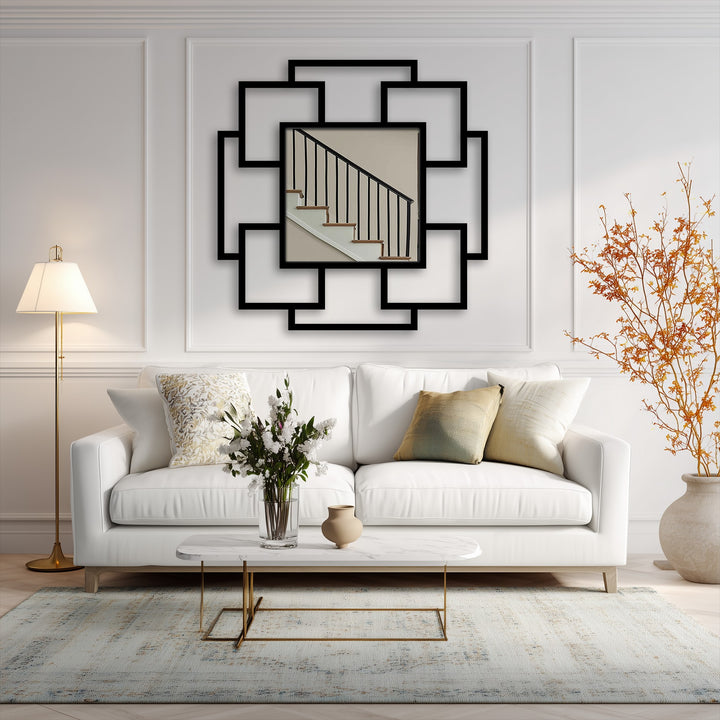 Negative space highlights the geometric arrangement of the Cascade Squares layered decoration wall art, a unique mirror for wall decor featuring square frames.