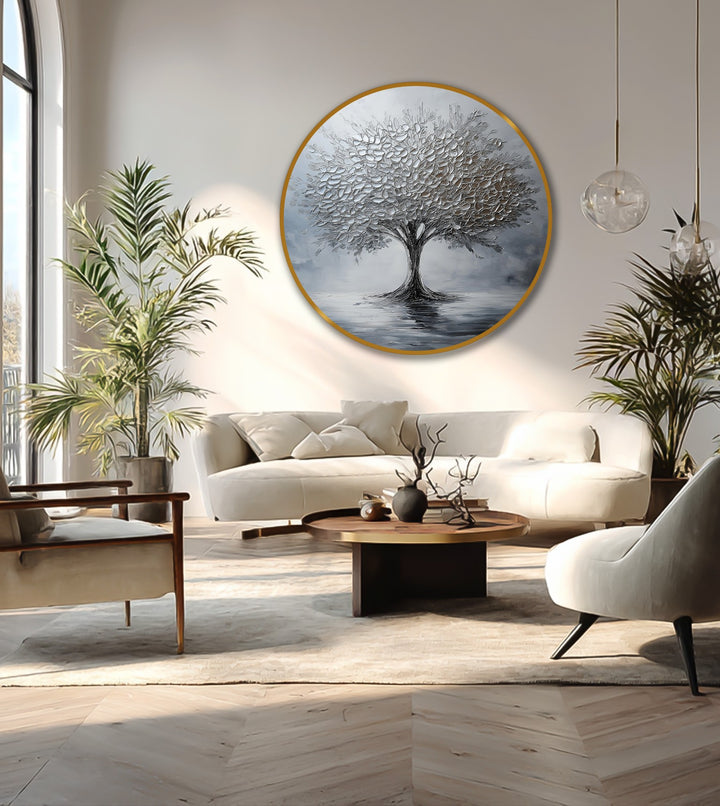 The organic forms of the monochrome tree in this silver serenity oil painting art prints create a tranquil, natural reflection for a peaceful scene.