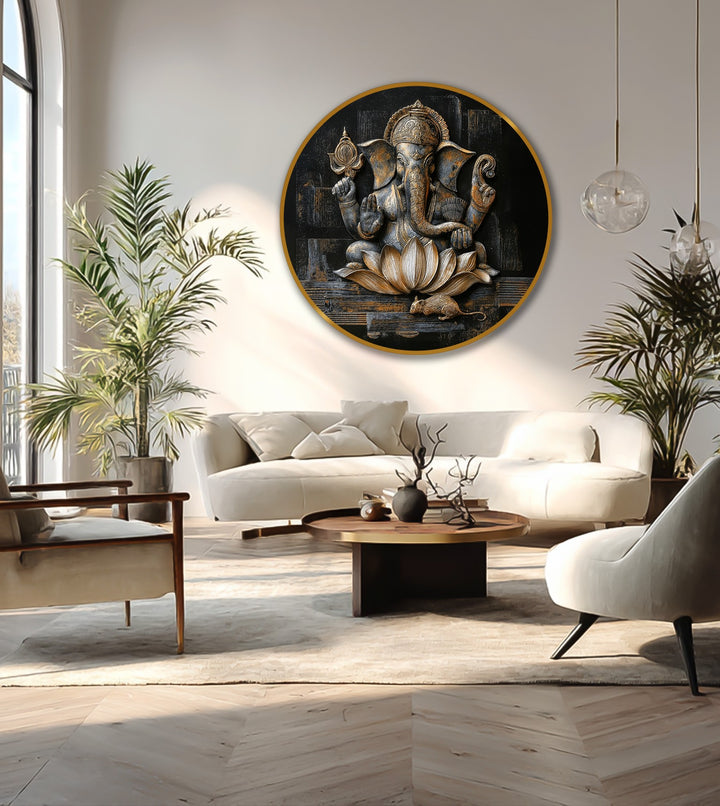 Reflecting a sense of sacred serenity, this elegant Ganesha lotus round oil painting decoration radiates spiritual grace in a thoughtfully designed living space.