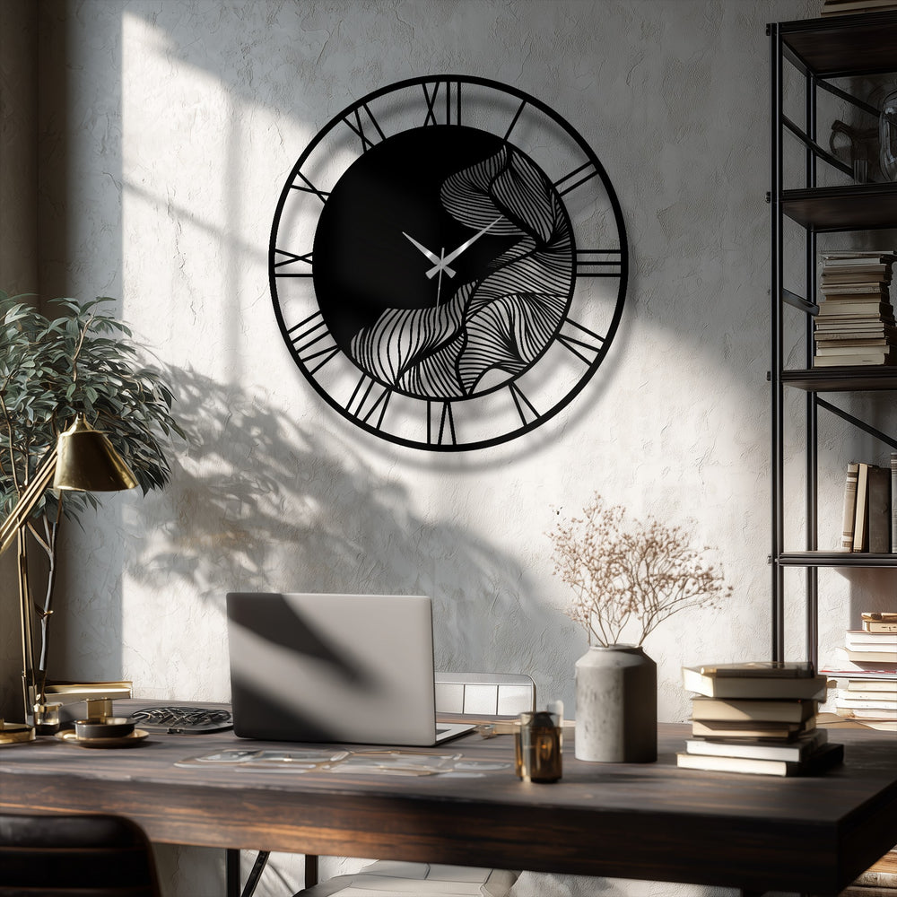 Moderate color saturation emphasizes the textured wall behind this abstract leaf Roman numeral metal wall clock, a distinctive piece of botanical home decor.