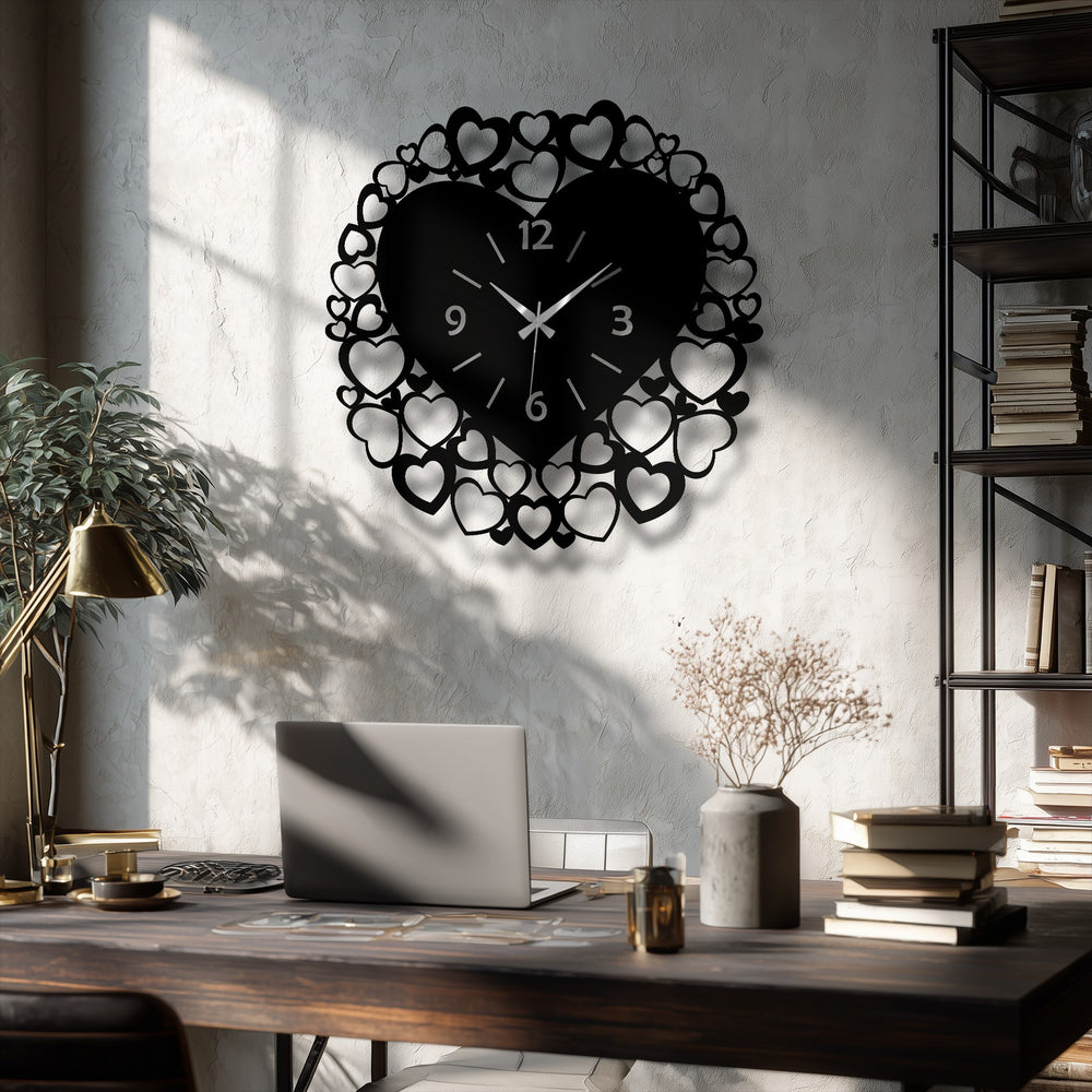Vertically oriented, heart-shaped unique metal wall art, a romantic decorative clock featuring a heart frame design against a textured wall.