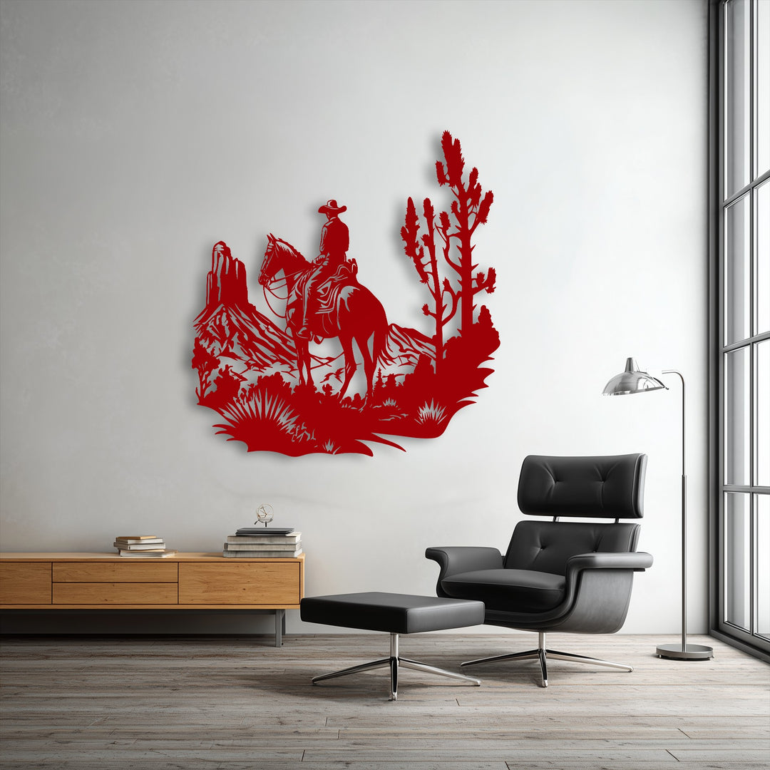 The unique metal wall art showcases exceptional depth and distinct layers, depicting a Western cowboy on horseback amidst a striking desert landscape.