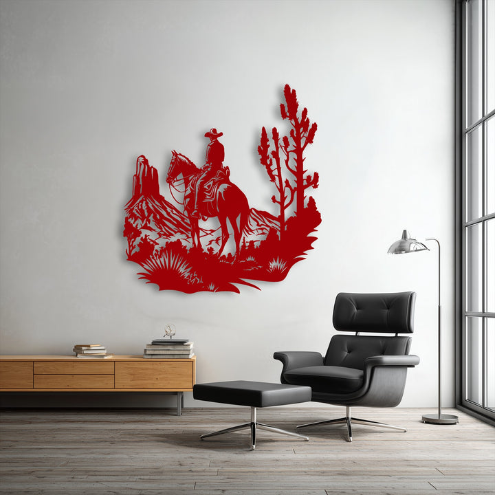 The unique metal wall art showcases exceptional depth and distinct layers, depicting a Western cowboy on horseback amidst a striking desert landscape.