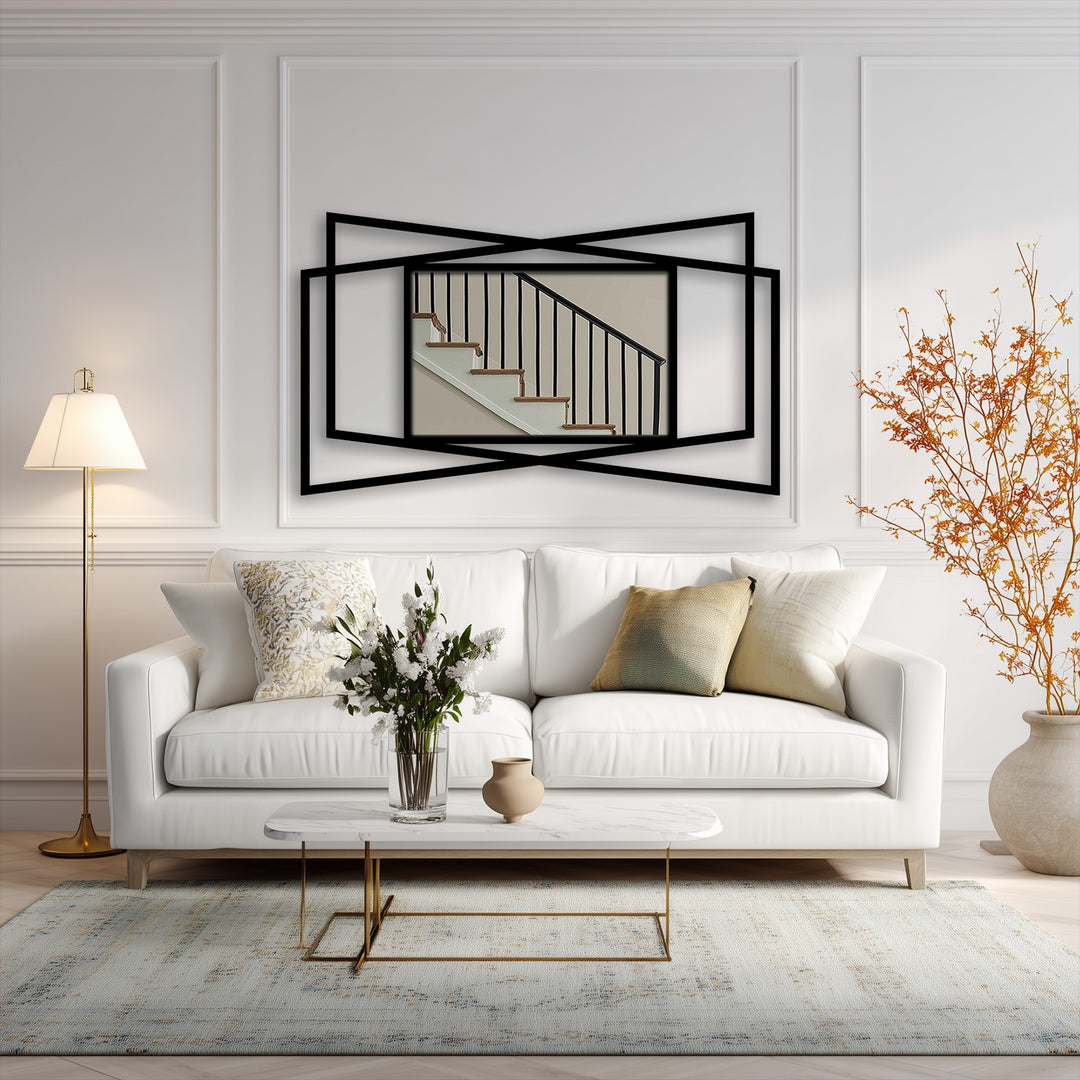The angular overlap of black metal artwork lines creates a striking visual rhythm in this geometric frame floor mirror, adding depth and movement.