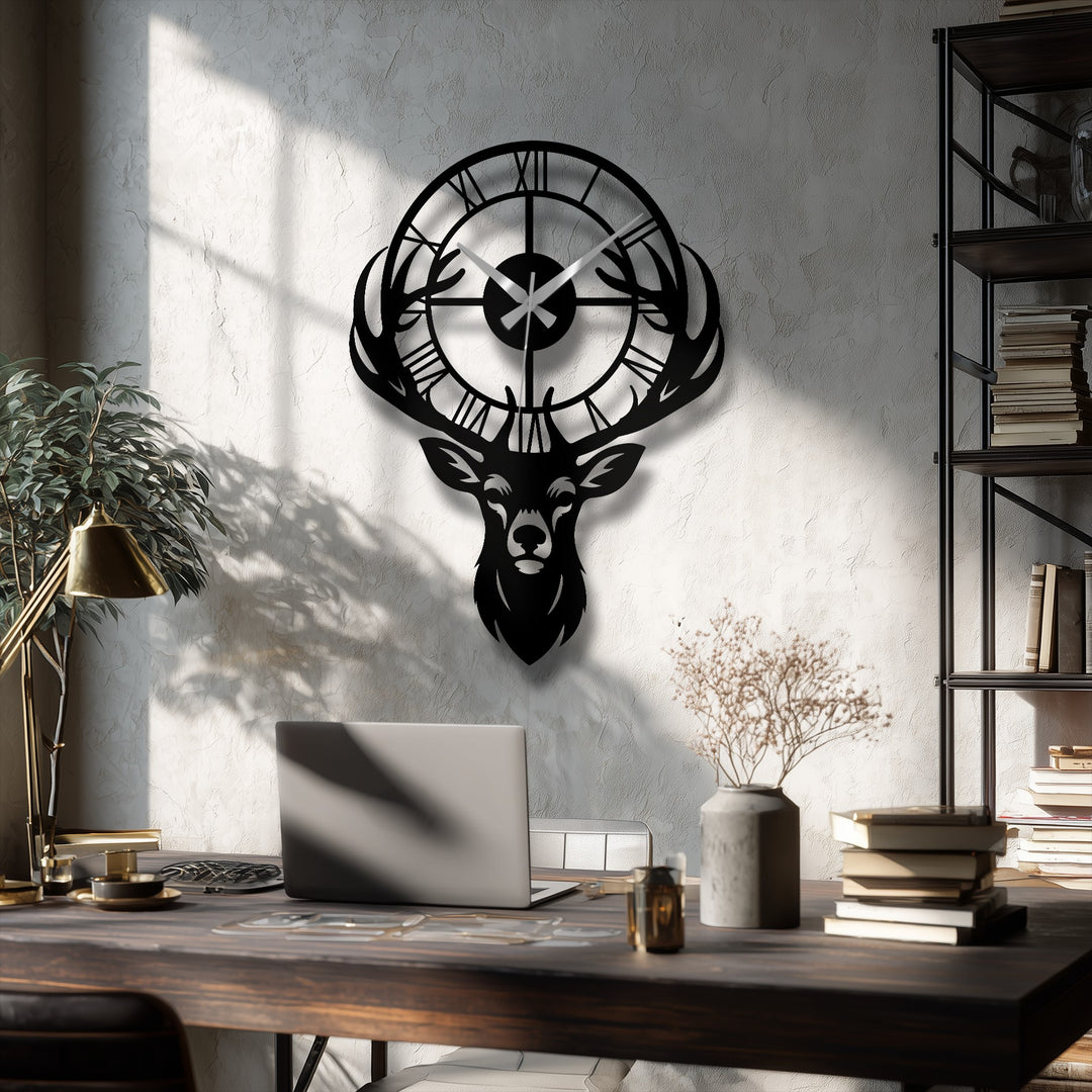 Black metal finish on a majestic deer antler wall clock featuring Roman numerals, a striking decoration wall art piece for rustic or modern homes.