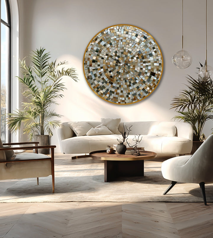 The stillness in the room highlights the captivating spiral of the mosaic pattern on the round golden frame of the modern oil painting art.