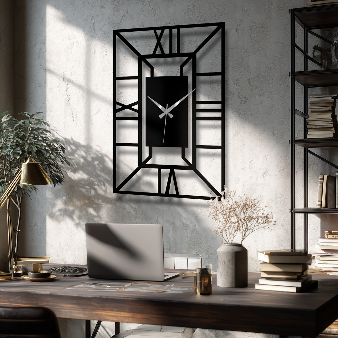 Flowing lines form the architectural frame of this metal wall clock, a decorative metal art piece where time seems to dance within its geometric design.