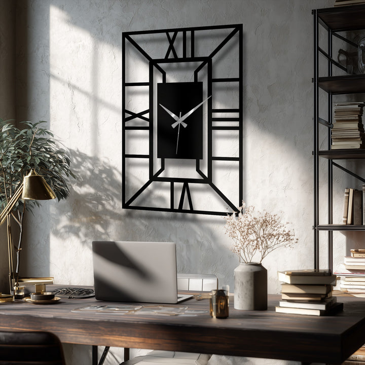 Flowing lines form the architectural frame of this metal wall clock, a decorative metal art piece where time seems to dance within its geometric design.