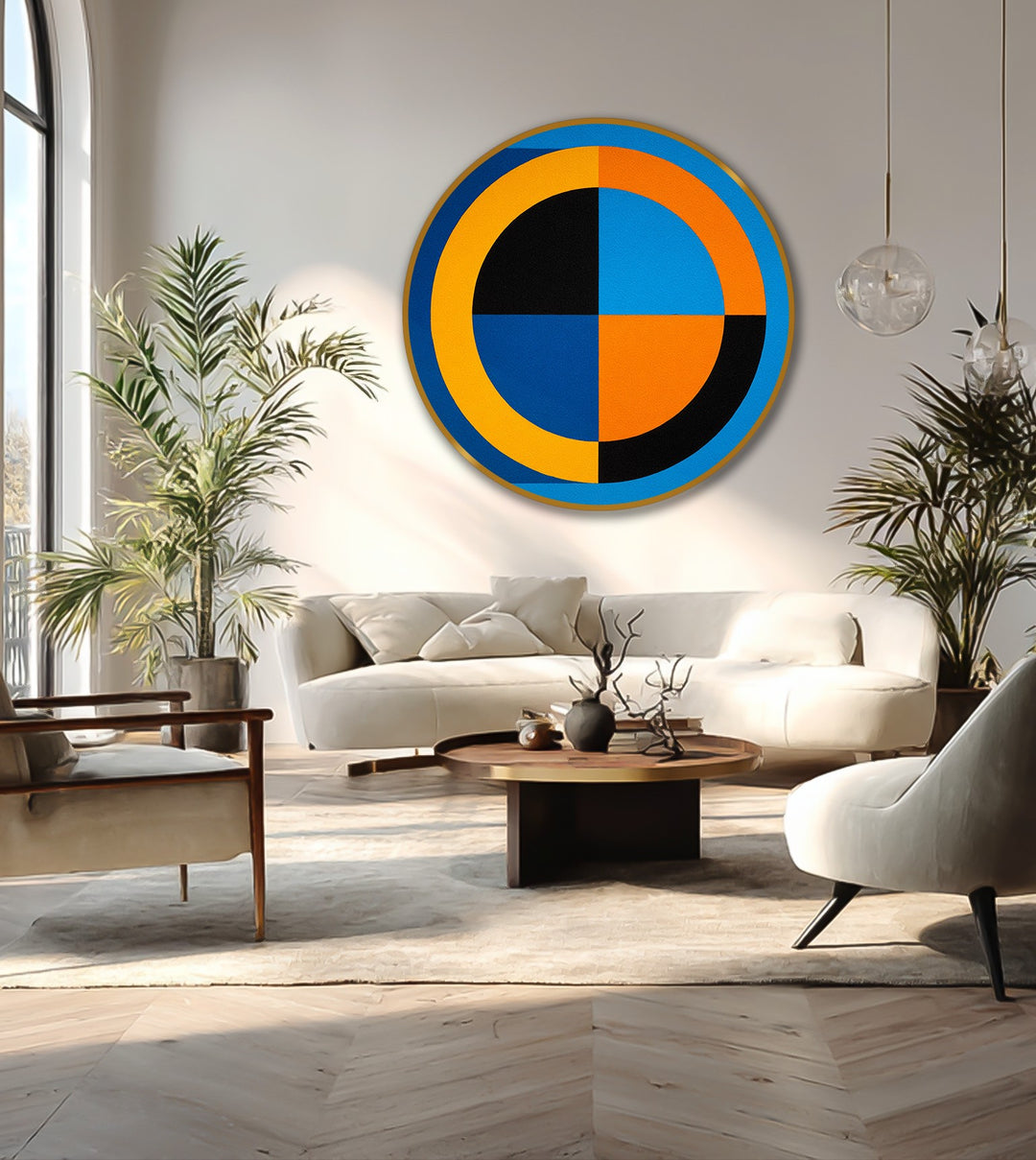 Light defines the bold geometry in this blue and orange modern abstract round oil painting decoration, highlighting the contrast of its shapes and forms.