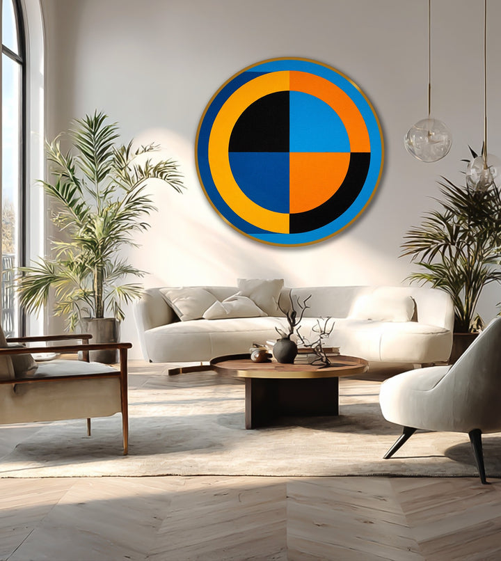 Light defines the bold geometry in this blue and orange modern abstract round oil painting decoration, highlighting the contrast of its shapes and forms.