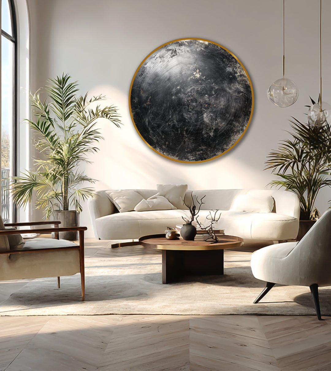 Dramatic color contrast highlights a round abstract oil painting reproduction print featuring dark metallic textures against a bright neutral interior.