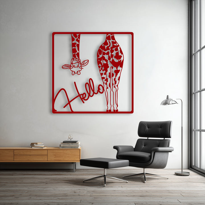 The stillness of the modern living space is enhanced by the vibrant Hello Giraffe metal artwork, featuring a playful safari design.