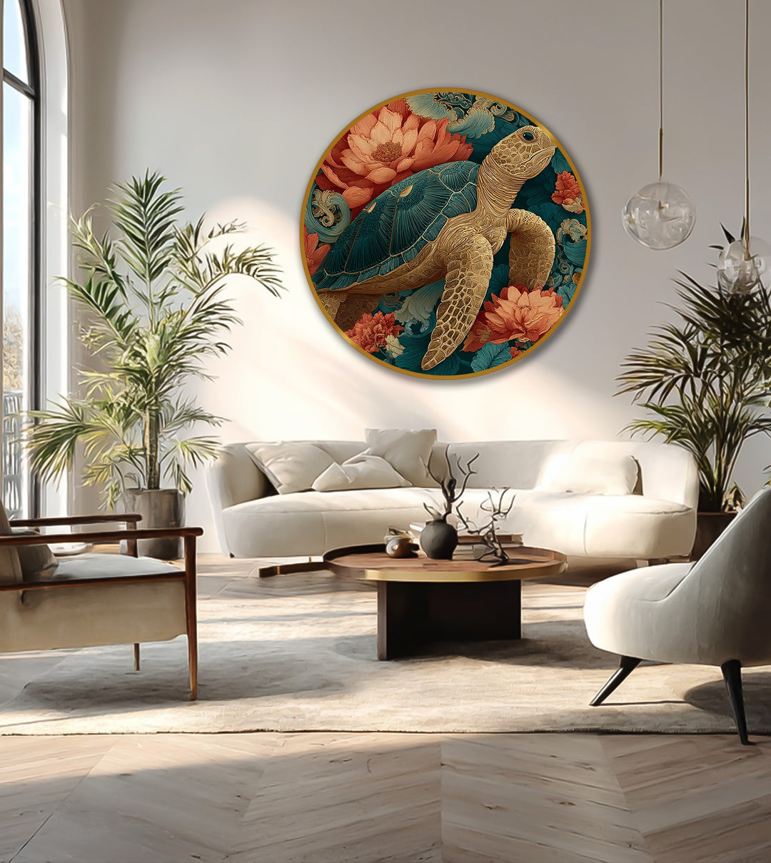 Surface texture details in this golden sea turtle oil painting artwork reveal brushstrokes and the wood grain beneath coral flowers.