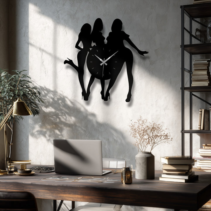 Organic forms shape a stylish female silhouette metal art for wall, blending a modern figure design into an artistic, silhouetted clock.