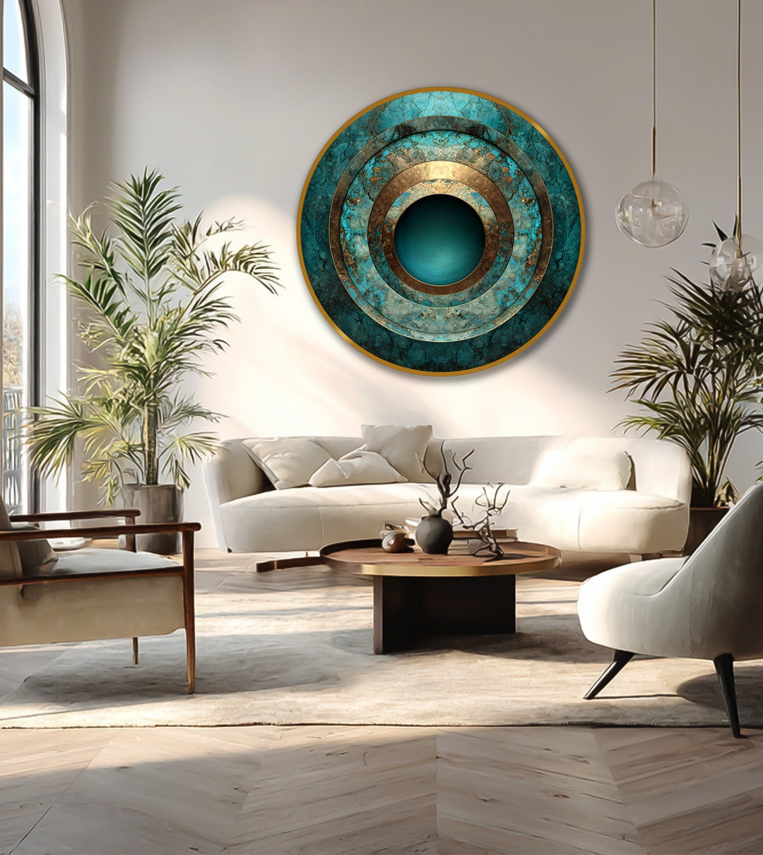 Stillness permeates the concentric circles of this turquoise depth oil painting wall art, its serene hues and layered design evoking a sense of calm abstraction.