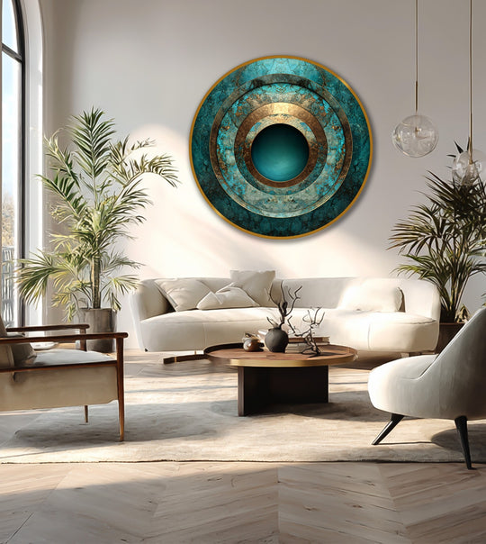 Stillness permeates the concentric circles of this turquoise depth oil painting wall art, its serene hues and layered design evoking a sense of calm abstraction.