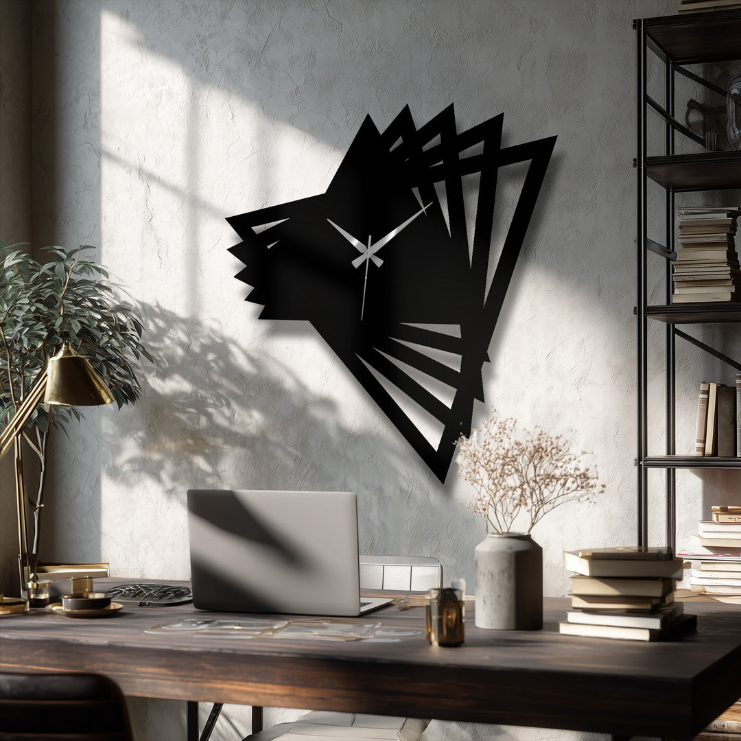Visual rhythm is achieved in this abstract origami geometric modern metal wall clock using decorative metal art to form a series of triangular shapes.