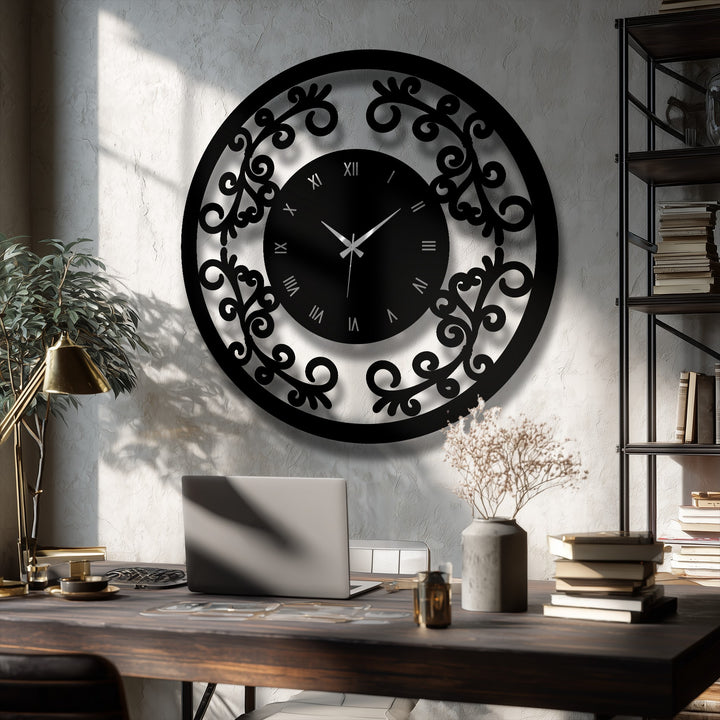 Matte black finish enhances the ornamental floral frame vintage metal wall clock, a stunning piece of decoration wall art.