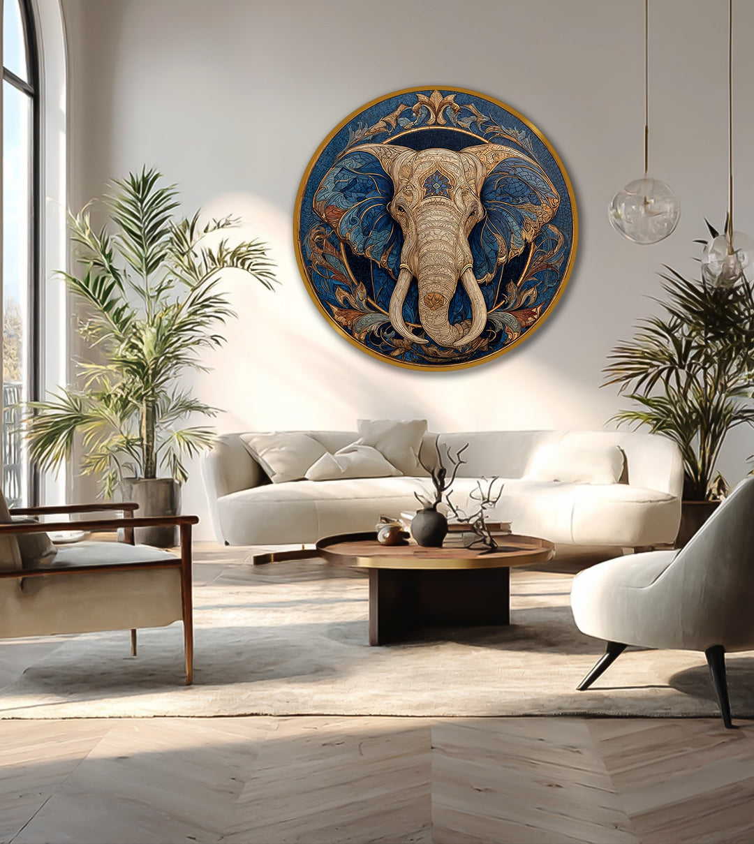 Detailed surface texture of the majestic guardian oil painting decoration reveals intricate ornamental patterns in blue and gold on the round elephant wall art.