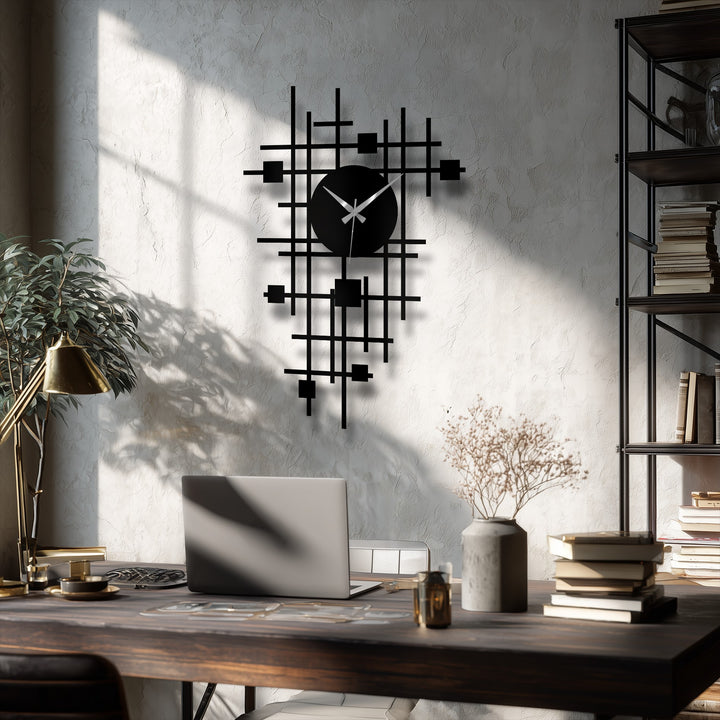 Vertical, the geometric abstract grid metal wall clock features a round clock face and a unique square and line pattern, perfect for modern metal artwork home decor.