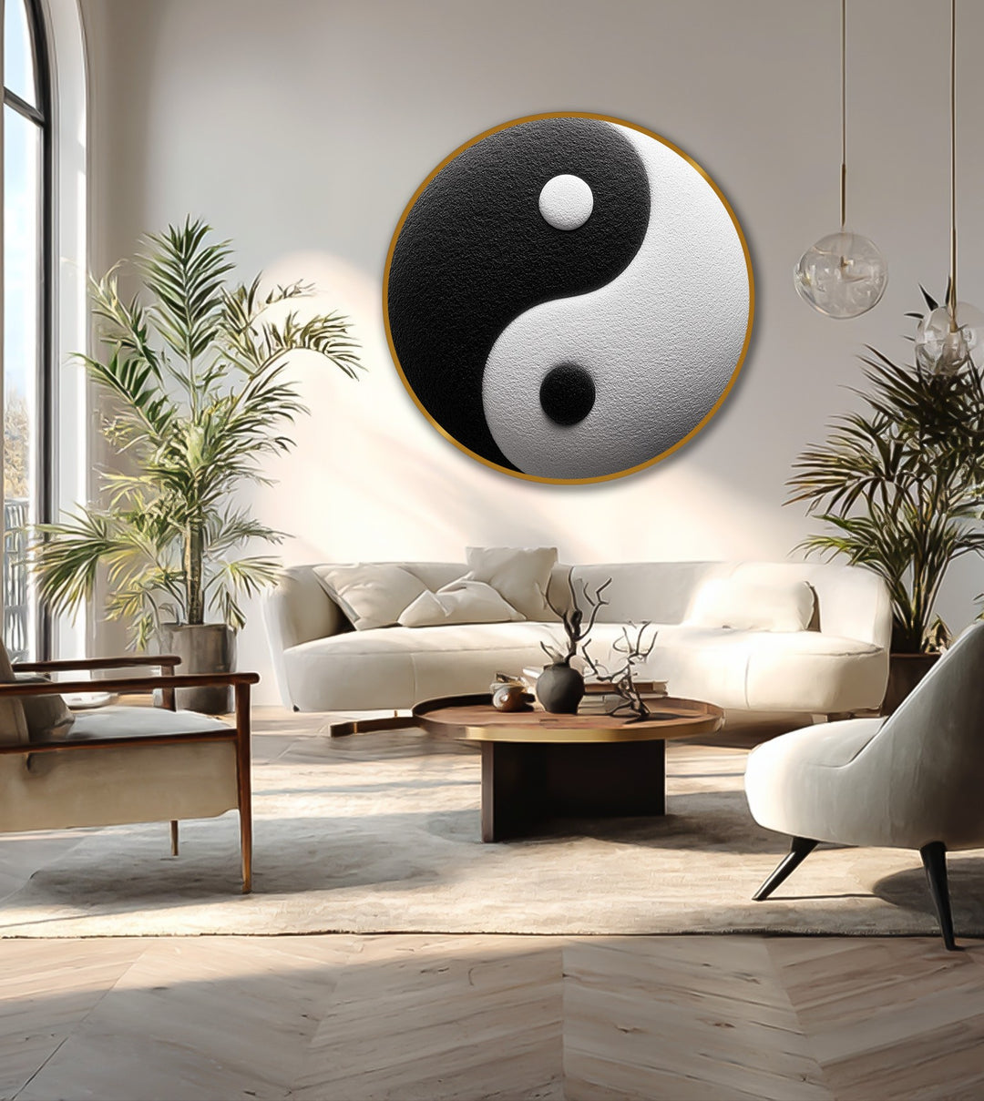The darkest area of this round yin yang wall art emphasizes the contrast in this oil painting home decor, creating a minimalist focal point for balance and harmony.