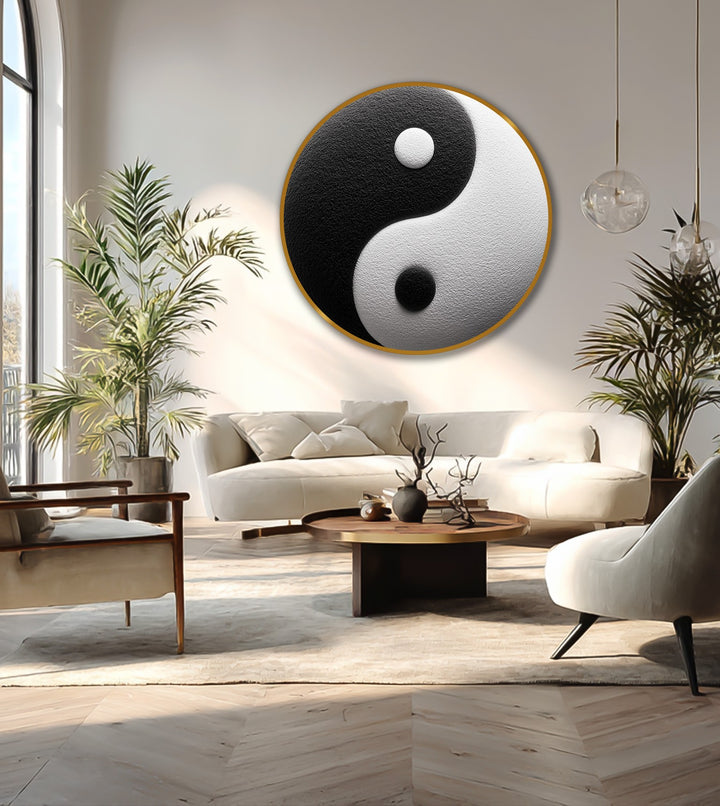 The darkest area of this round yin yang wall art emphasizes the contrast in this oil painting home decor, creating a minimalist focal point for balance and harmony.