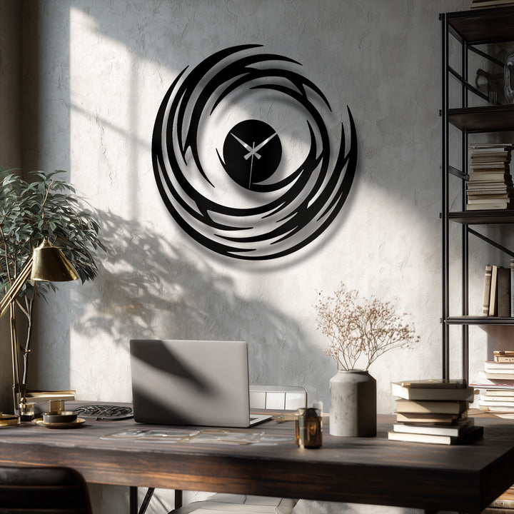 Showcasing the abstract quality of the metal artwork in this spiral metal wall clock, its swirling design serves as an evocative piece of home decoration.