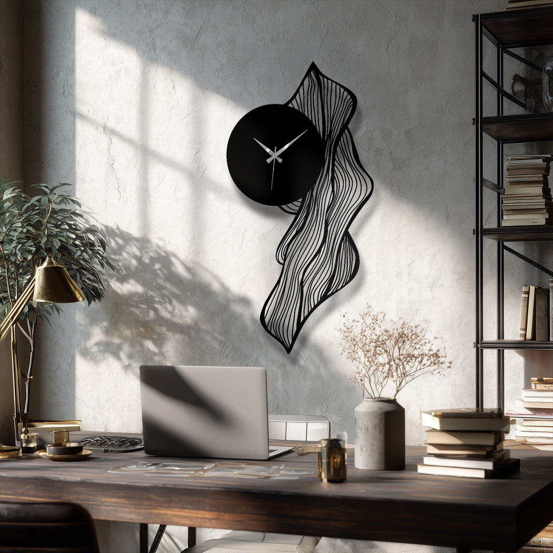 Flowing abstract leaf metal wall clock is the loudest element, showcasing a striking piece of metal art for wall in a modern, artistic design.