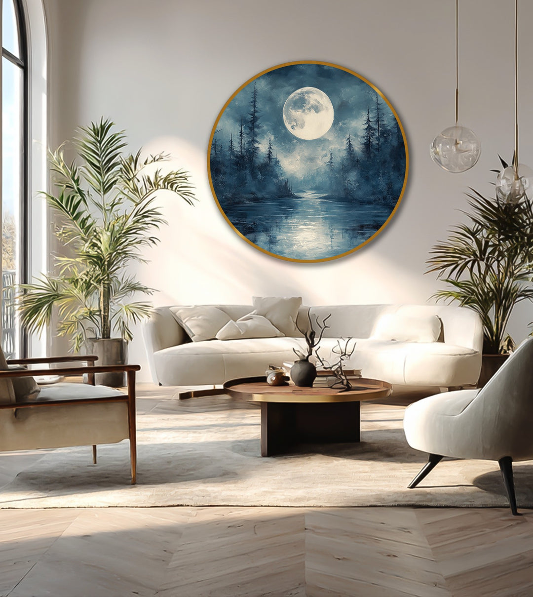 Negative space surrounds the round oil painting artwork depicting a moonlit forest and river, emphasizing its serene presence in the modern living room.