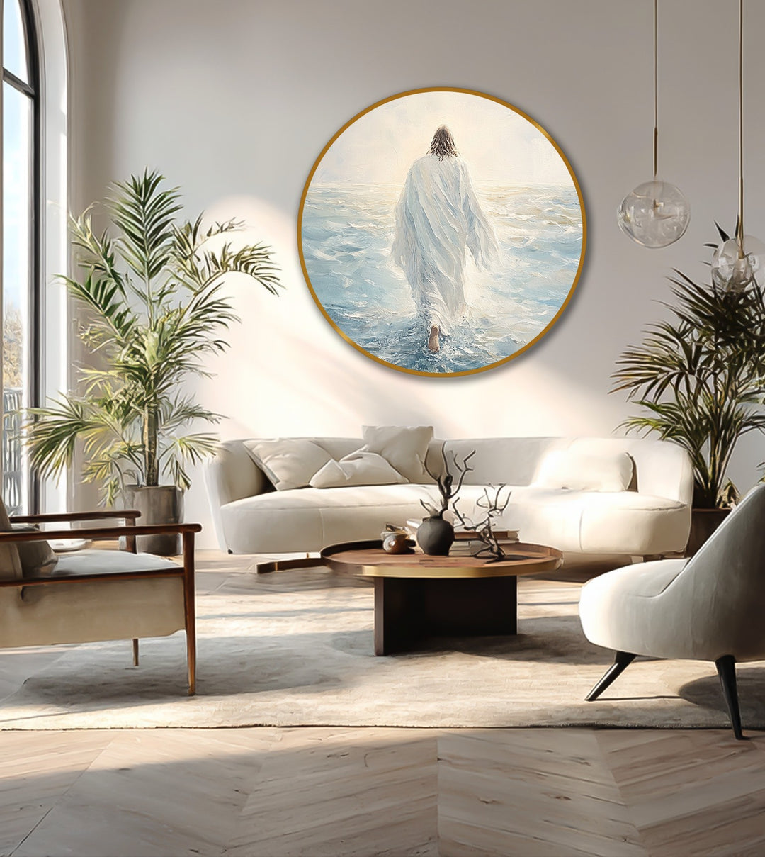 The stillness captured in this faith-inspired round oil painting artwork features a figure walking on water, radiating serenity as peaceful oil painting artwork.