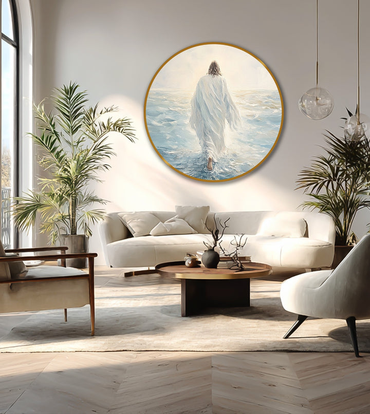 The stillness captured in this faith-inspired round oil painting artwork features a figure walking on water, radiating serenity as peaceful oil painting artwork.