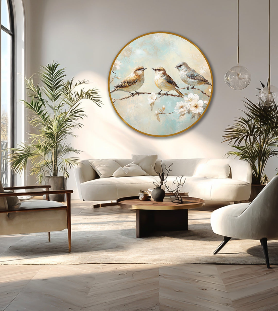 Gentle gradations define the modern oil painting art of 'Whispering Blossoms,' where soft sky tones subtly shift behind the three songbirds and floral accents.