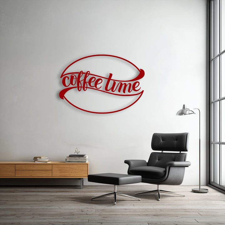 The abstract quality of this metal 'Coffee Time' decoration wall art features fluid, cursive lettering within a dynamic, sweeping oval design.