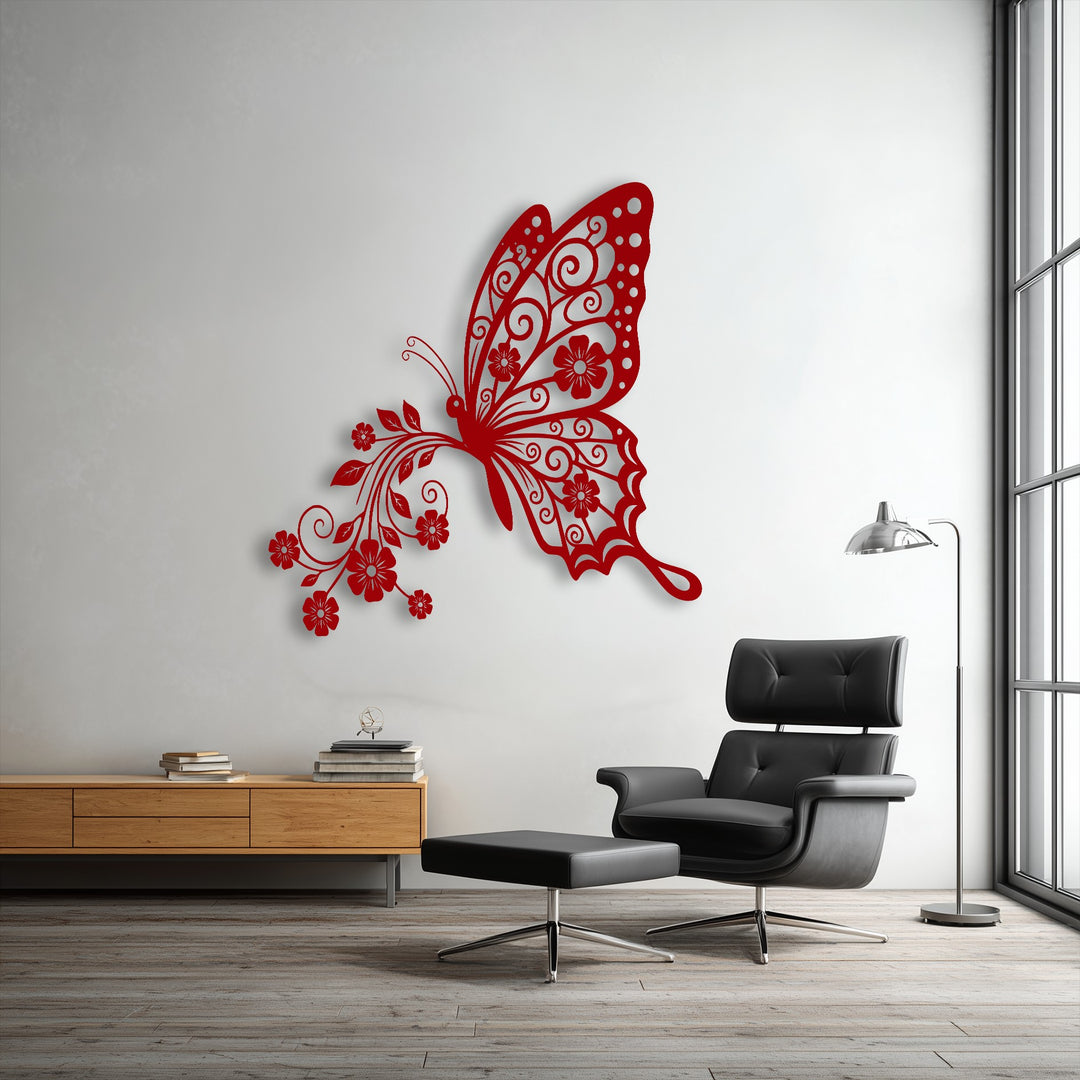 The darkest area highlights a sleek black armchair and ottoman, providing a sophisticated contrast to the vibrant red butterfly metal art for wall.