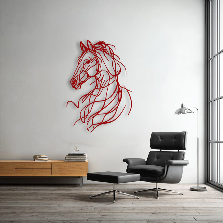 The subtly textured white background provides a clean canvas for the graceful abstract horse line metal art for wall.