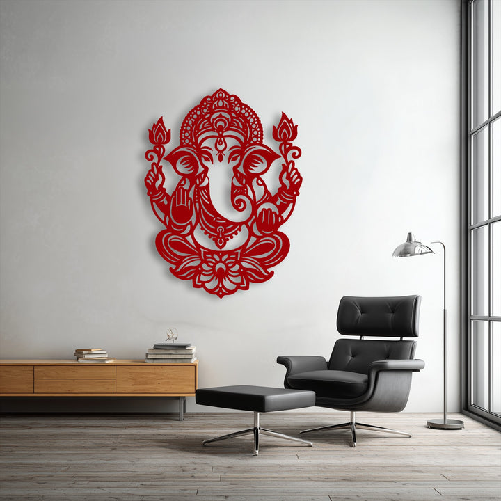 The central subject is a beautifully intricate vibrant red Ganesha lotus spiritual metal decoration wall art mounted on a clean white wall.