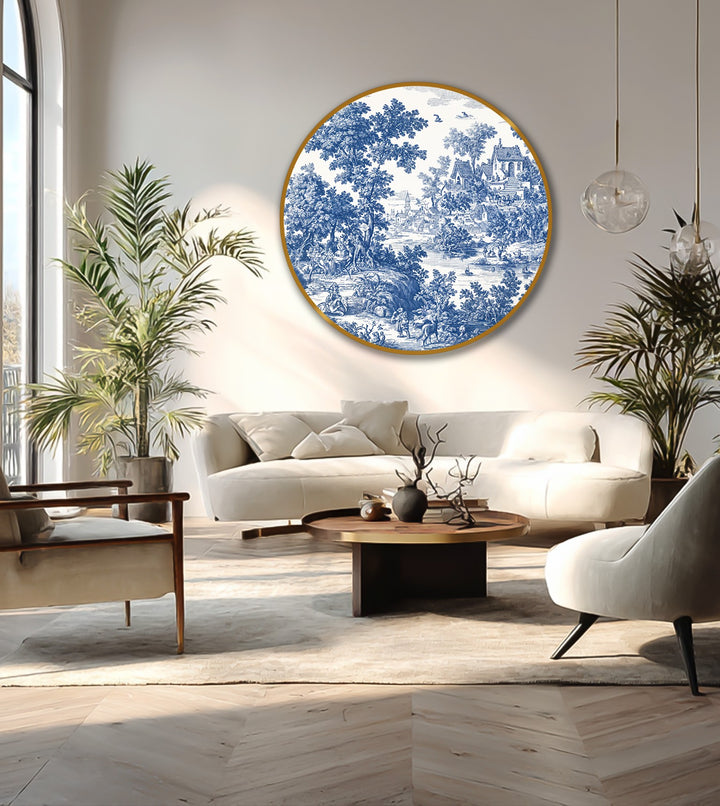 Framed by a slim gold edge, this round classic blue toile countryside oil painting presents an elegant oil painting decoration.