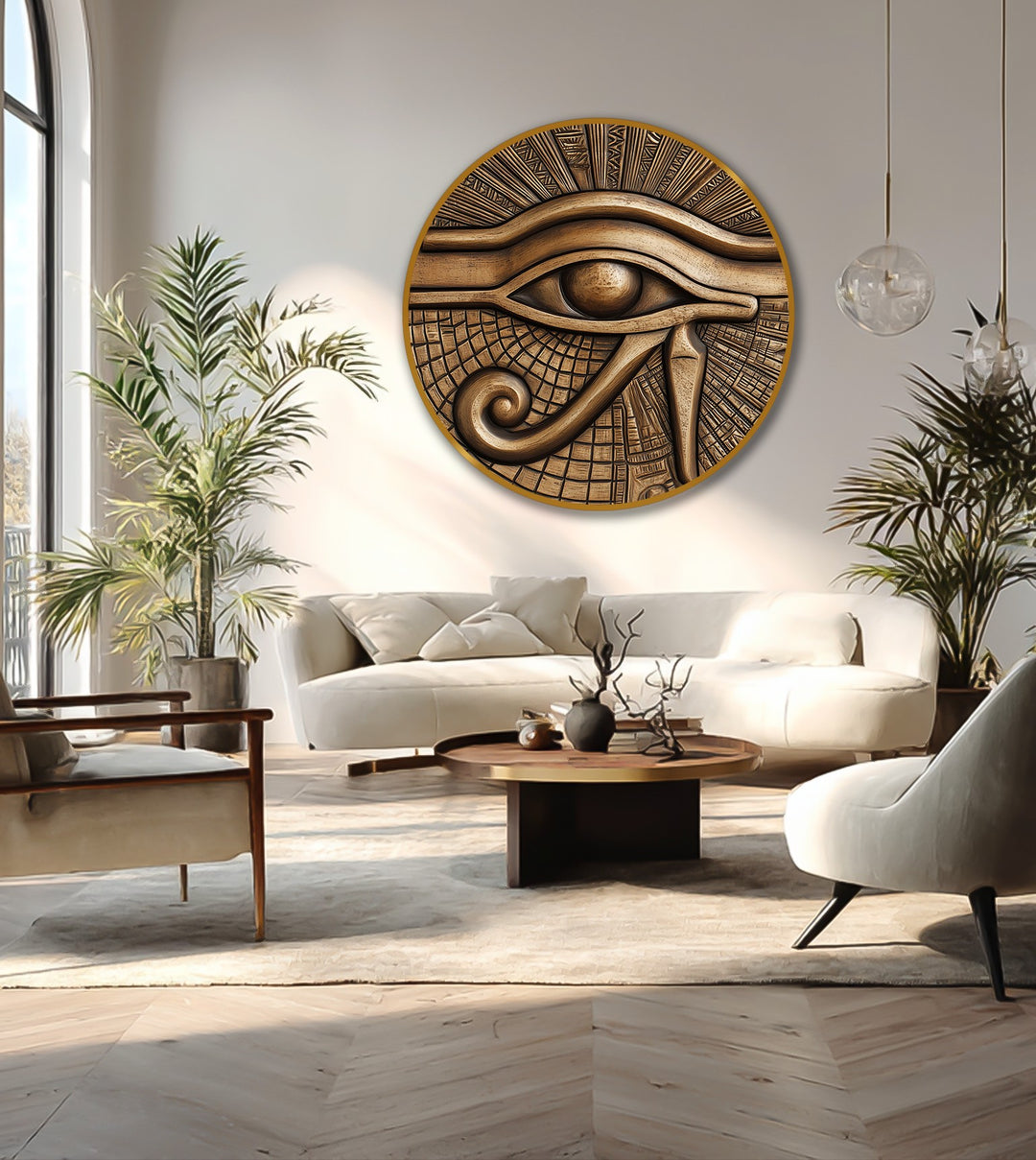 Featuring rich color saturation, this Ancient Vision – Egyptian Eye Round oil painting art piece offers a vibrant, textured design on wood for symbolic wall art.