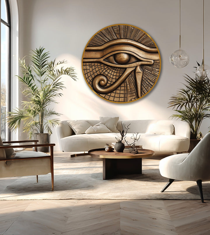 Featuring rich color saturation, this Ancient Vision – Egyptian Eye Round oil painting art piece offers a vibrant, textured design on wood for symbolic wall art.