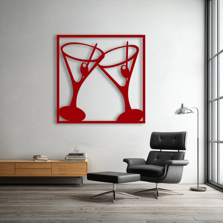 A vibrant red unique metal wall art piece showcases two stylish clinking martini cocktail glasses, perfect for bar decor.