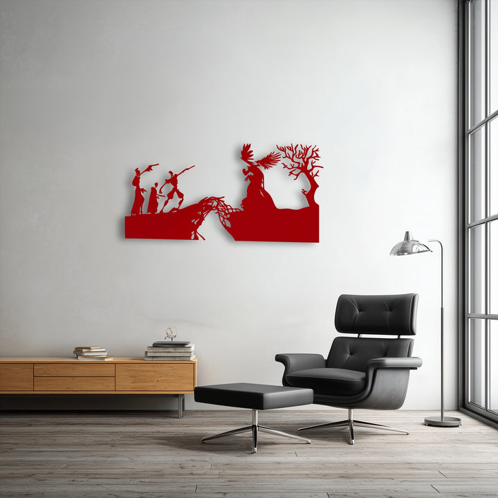 The plush black leather armchair offers comfortable seating, a soft anchor against the striking red Divine Encounter mythological creation metal artwork.