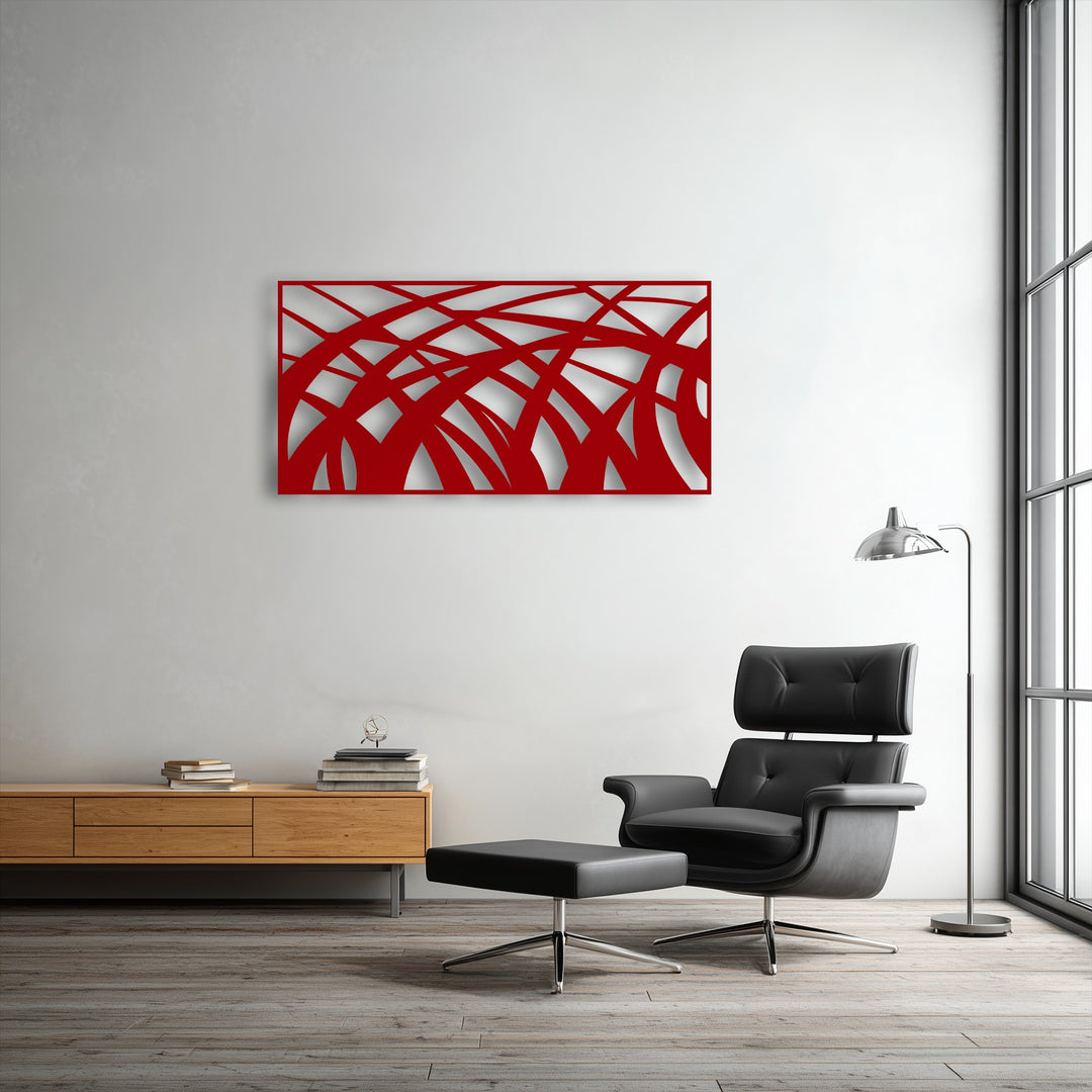The layering effect creates dynamic depth in this red abstract flowing lines metal art for wall, forming a modern geometric wave panel.
