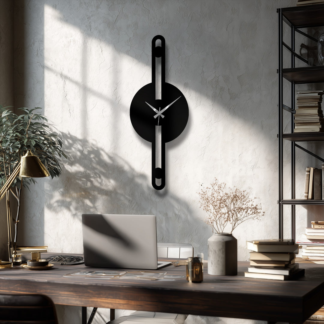 Alternating shapes in this metal art for wall create a strong visual rhythm, defining the minimalist vertical line metal wall clock's geometric elegance.