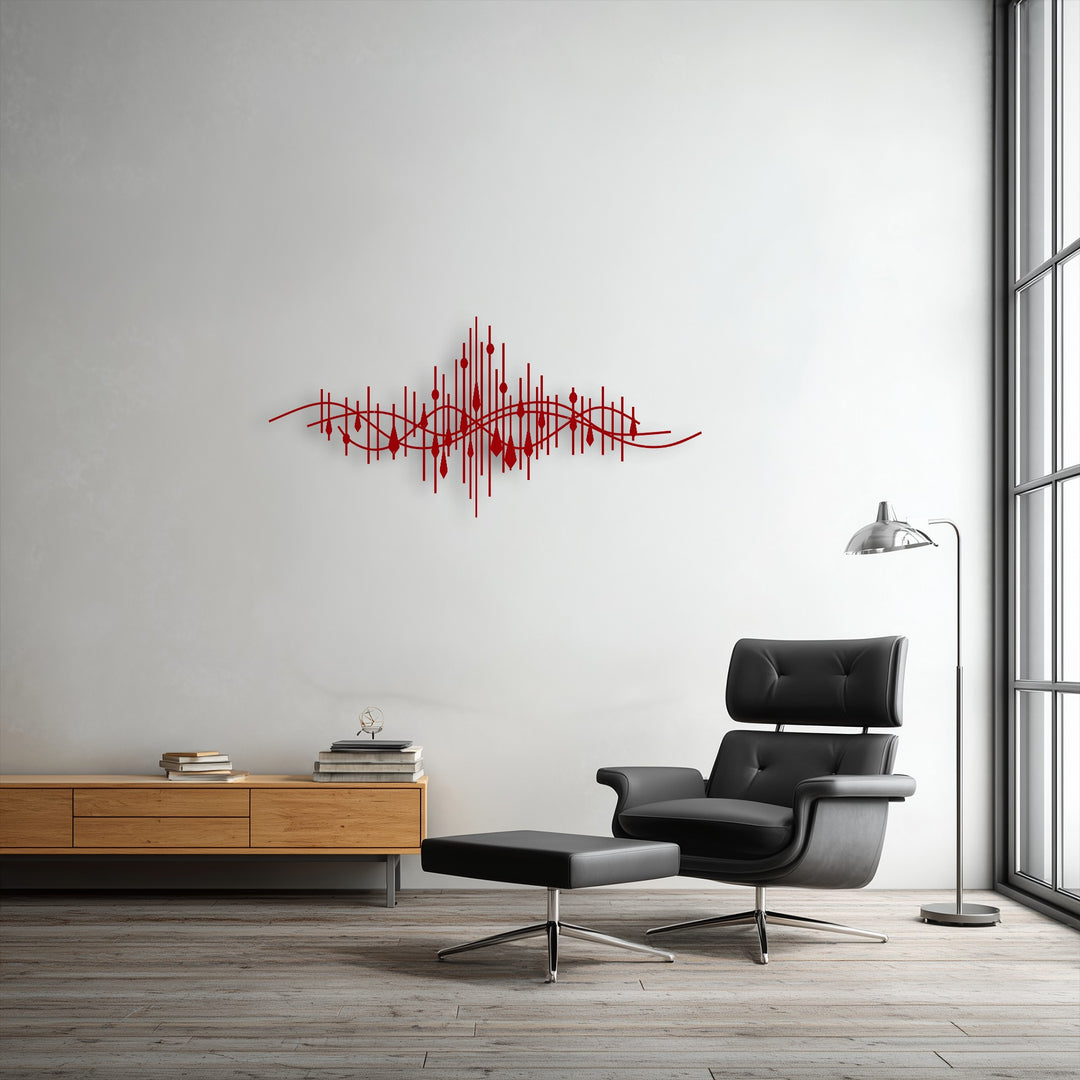 Geometric elements of the vibrant red soundwave decoration wall art create a dynamic display of vertical lines, circles, and flowing curves.