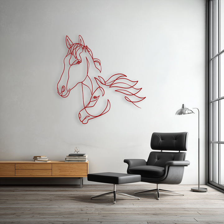 The elegant red metal decoration wall art depicting two horses features crisp, flowing line edges that define their minimalist forms beautifully.