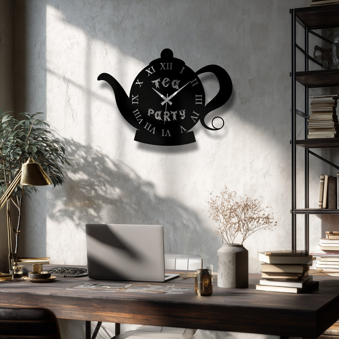 Sunlight casts dramatic light and shadow across the vintage teapot shape decoration wall art clock, highlighting its metal construction and Roman numeral design.