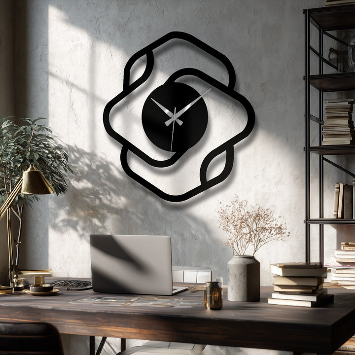 Diminished color saturation showcases a modern abstract square frame metal wall clock, complementing the home decor with its minimalist, contemporary aesthetic.