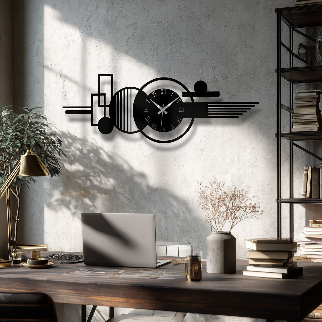 Featuring realistic detail, a modern abstract Roman numeral clock presents geometric horizontal metal art for wall decor in a stylized room setting.